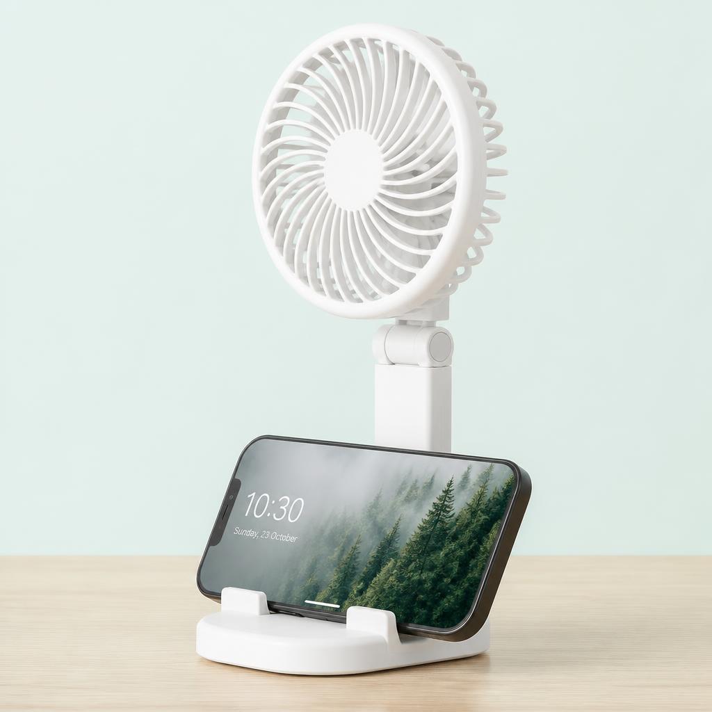 BreezeLoop folded into a desk fan holding a phone